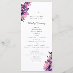 Programme Fleurs violettes et roses à l'aquarelle. Mariage f