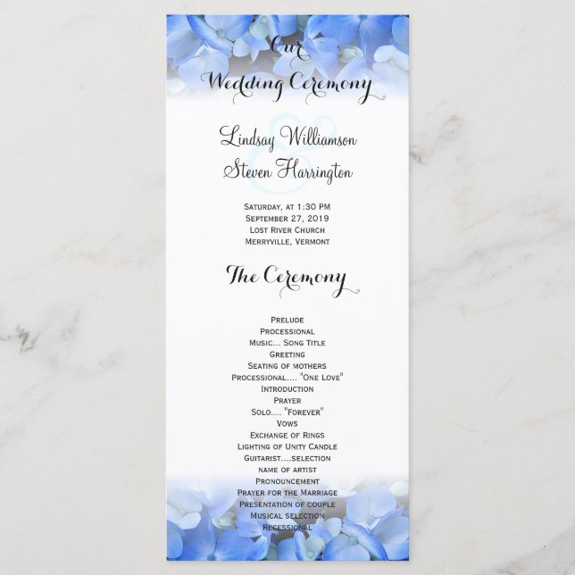 Programme Floral Bordure Bleu Hydrangea Mariage grand progra (Devant)