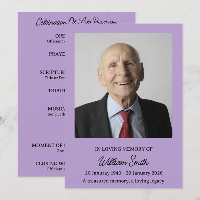Programme funèbre hommage lavande atténuée (Devant / Derrière)