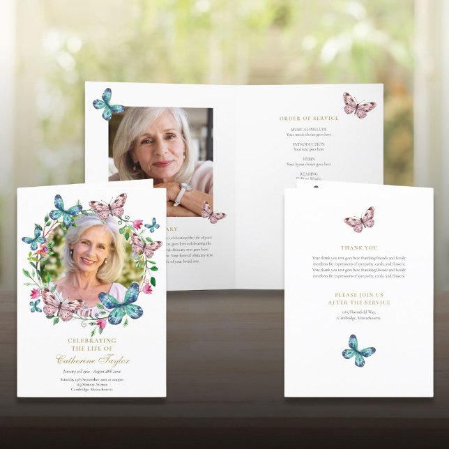 Programme Funérailles Mémorial Ordre de service Papillon Pho (Funeral Memorial Order Of Service Butterfly Photo Program)