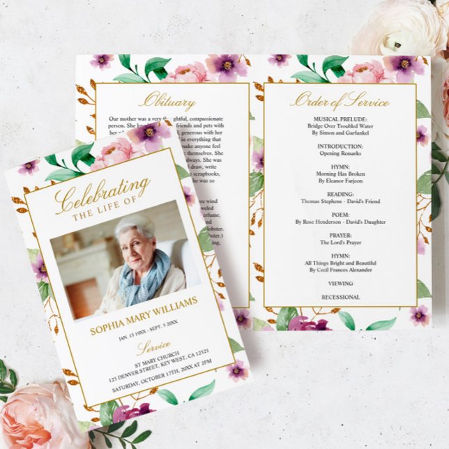 Programme funéraire rose et violet | Ordre de serv (Créateur téléchargé)