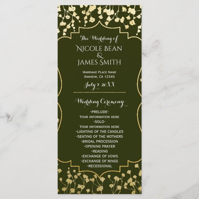 Programme Gold Baby's Breath Floral Olive Wedding Program (Devant)