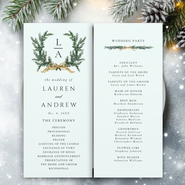 Programme Gold Bow & Green Garland Wedding Ceremony Mint (Front & Back)