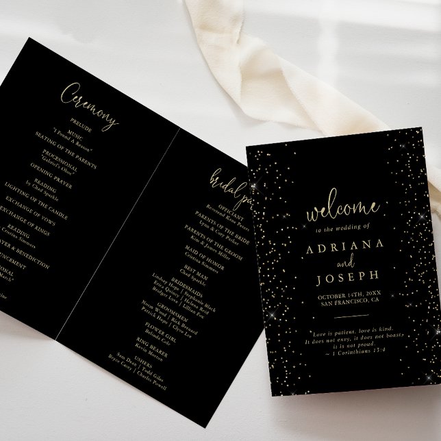 Programme Gold Confetti Calligraphie Script plié Mariage (Créateur téléchargé)