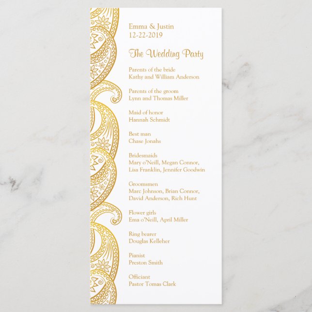 Programme Gold Paisley traditionnel Mariage indien Rackcard (Devant)