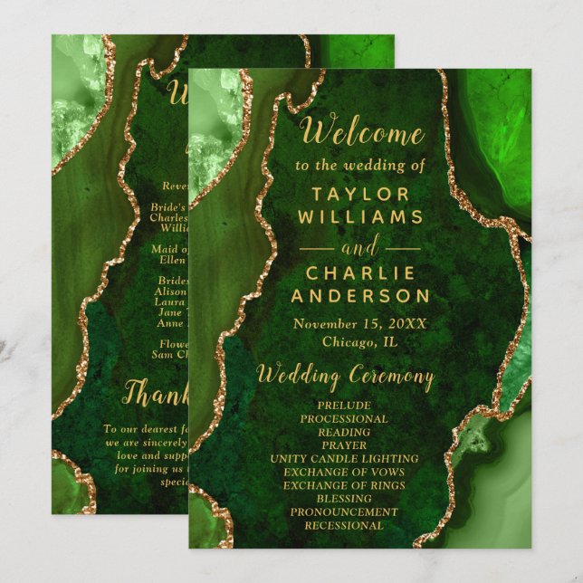Programme Green and Gold Agate Wedding Program (Devant / Derrière)
