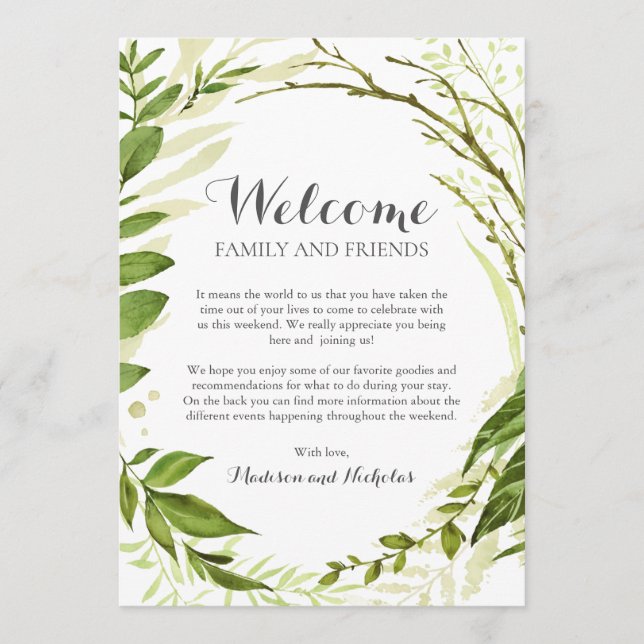Programme Green Wreath Mariage Hotel Welcome Cards, Rustique (Devant)