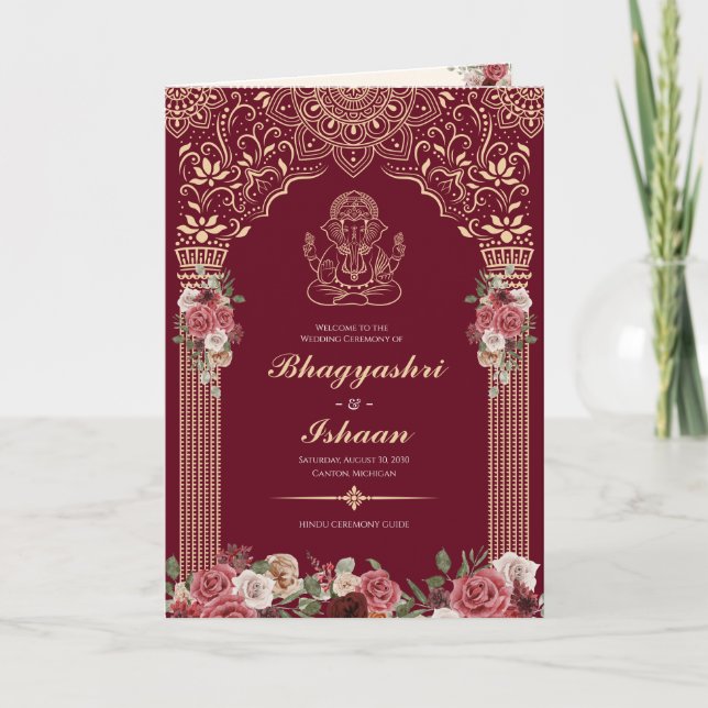 Programme Guide de cérémonie Mariage hindoue (Rouge, Or Rose (Devant)