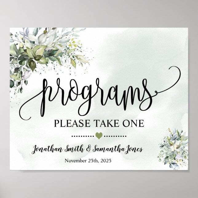Programme Hochzeitfeier Eukalyptus-Zeichen Poster (Vorne)