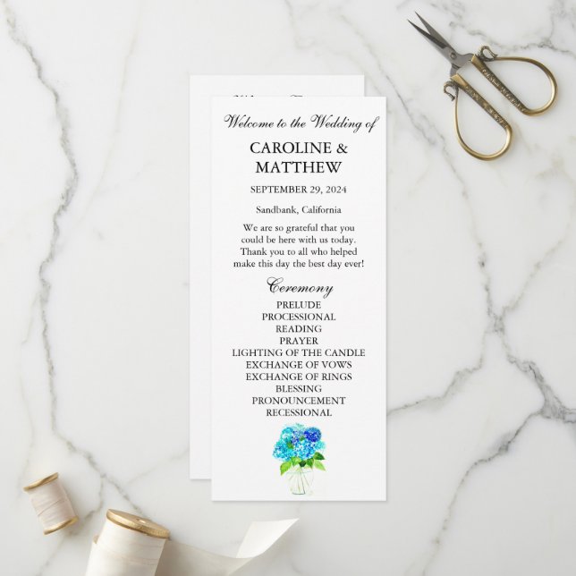 Programme Hydrangea Blue Floral Aquarelle Mariage rustique (Devant/Arrière en situation)