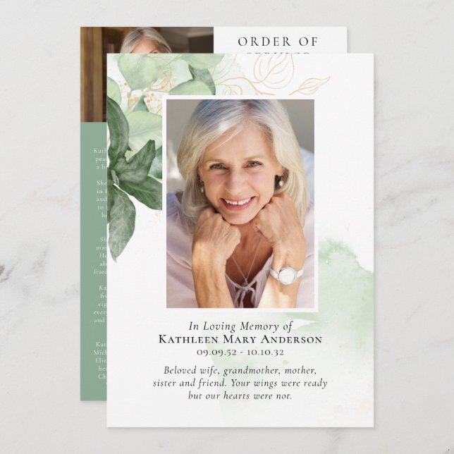 Programme In Loving Memory Greenery Photo Memorial Service (Devant / Derrière)