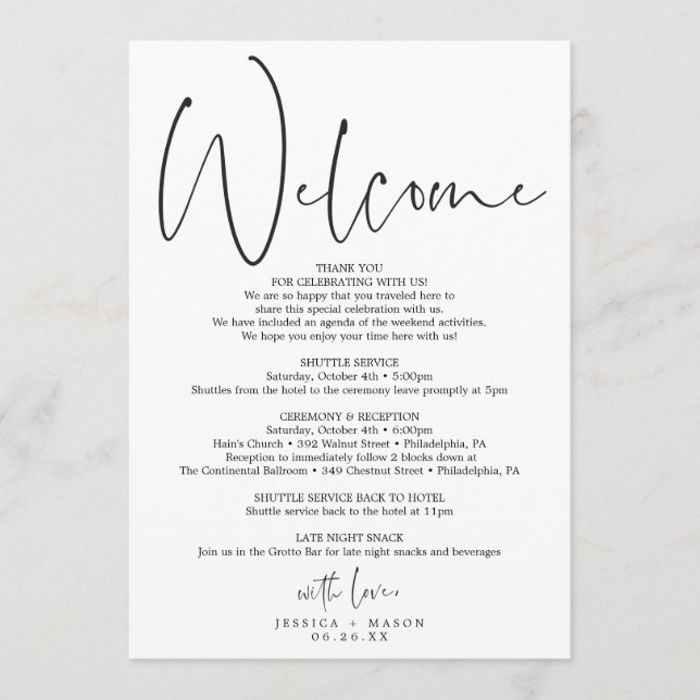 Programme Itinéraire de mariage à script minimal - Bienvenue (Devant)