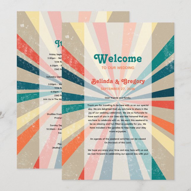 Programme Itinéraire Mariage de Sunburst rétro coloré (Devant / Derrière)