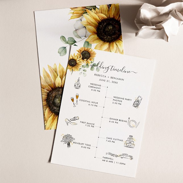 Programme Itinéraire Mariage floral de tournesol avec icônes (Floral Sunflower Eucalyptus Wedding Program Timeline Card)