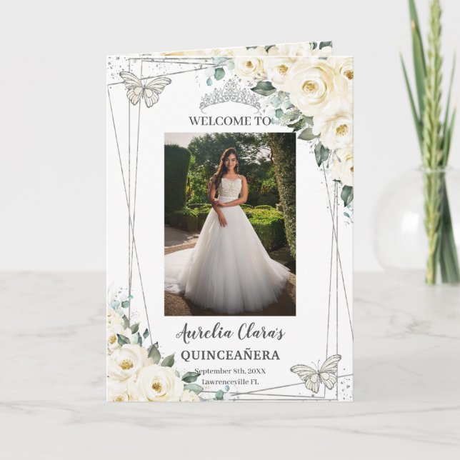 Programme Ivory Floral Argent Quinceañera Ordre de l'événeme (Devant)
