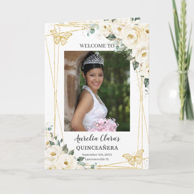Programme Ivory Floral Gold Quinceañera Ordre de l'événement (Devant)