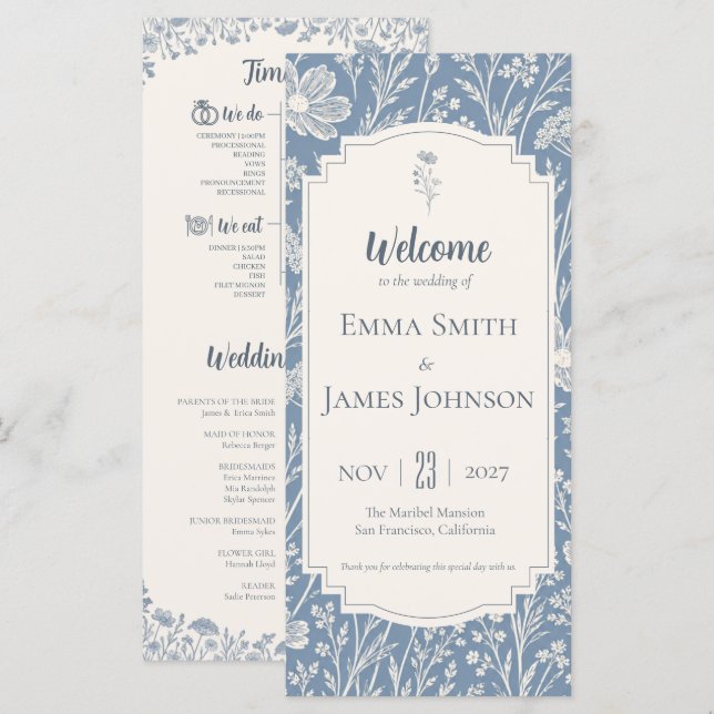 Programme Ivory Periwinkle Wildflower Wedding Program (Devant / Derrière)