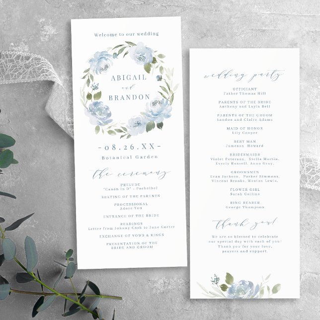 Programme Jardin romantique mariage floral bleu poussiéreux (Romantic garden dusty blue floral wedding program)