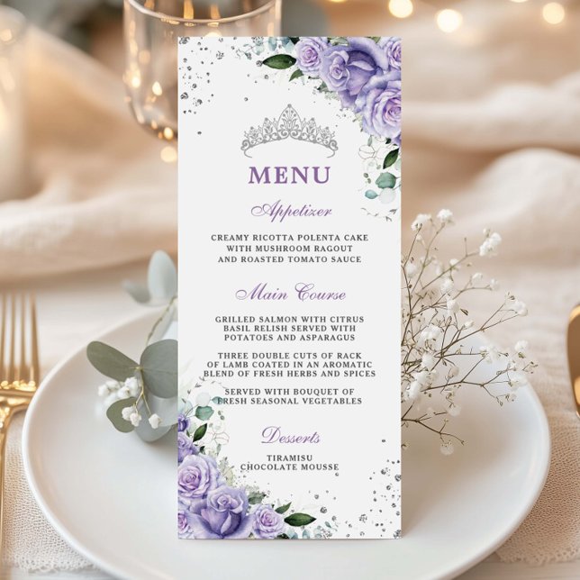 Programme Lavande violette Lavande Florale Quinceañera XV Me (purple-lilac-lavender-roses-flowers-floral-silver-crown-quinceanera-quince-xv-15-sweet-16-menu-card)
