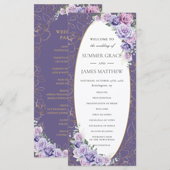 Programme Lavande violette Lilac Ligne Art Mariage Floral (Devant / Derrière)