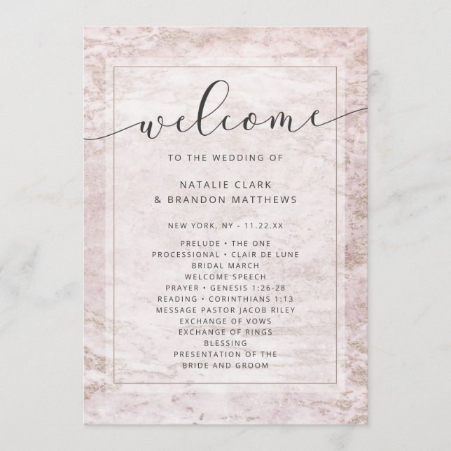 Programme Marbres modernes en Mauve Rose Gold Mariage cérémo (Devant)