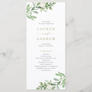 Programme Mariage à l'aquarelle avec verdure et fleurs blanc