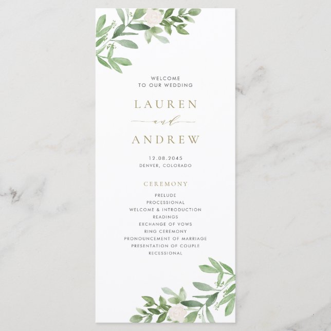Programme Mariage à l'aquarelle avec verdure et fleurs blanc (Devant)