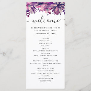 Programme Mariage à l'aquarelle violet et rose avec écriture