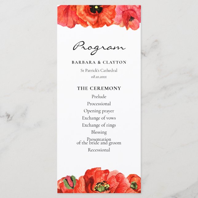 Programme Mariage aquarelle coquelicots rouges (Devant)