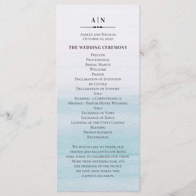 Programme Mariage bleu aquarelle. Simple nautique classique (Devant)