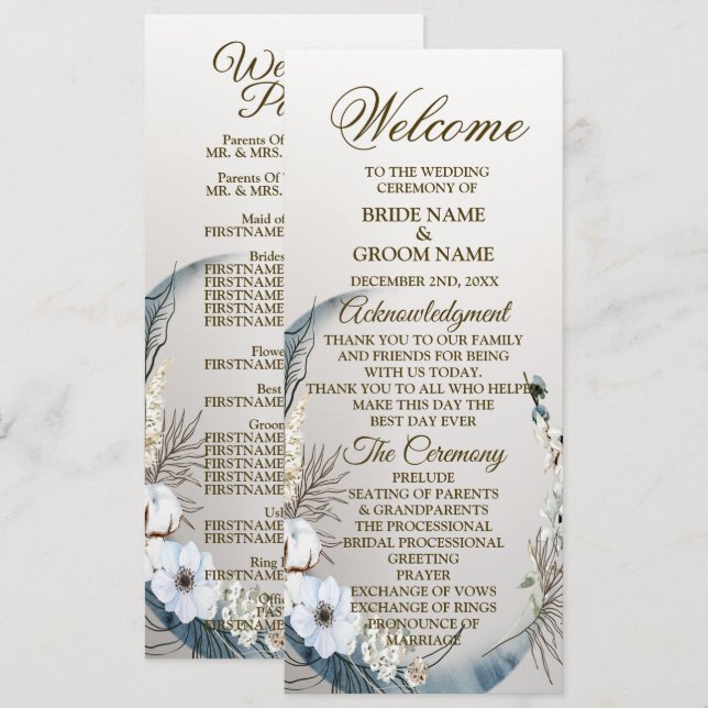 Programme Mariage Boho White Orchid Flowers Blue Moon Party (Devant / Derrière)