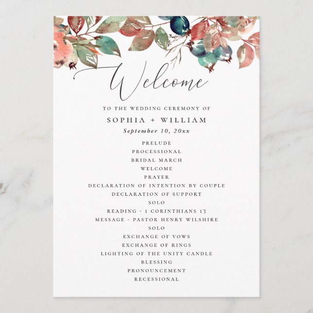 Programme Mariage botanique d'automne | Feuilles de baies à  (Devant)