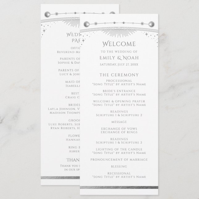 Programme Mariage Céleste Soleil Lune Étoiles Argent Blanc (Devant / Derrière)