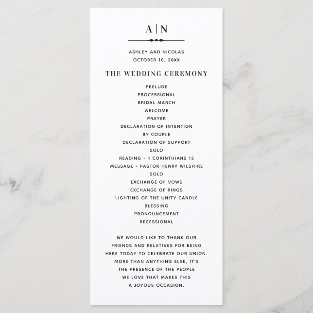 Programme Mariage classique à la typographie simple noir et  (Devant)