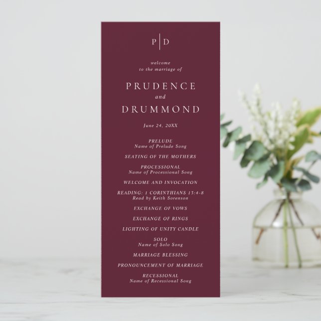 Programme Mariage Classique Élégant Bourgogne Profond (Debout devant)