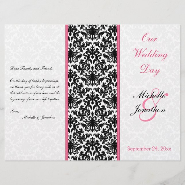Programme Mariage damassé noir, blanc et rose (Devant)