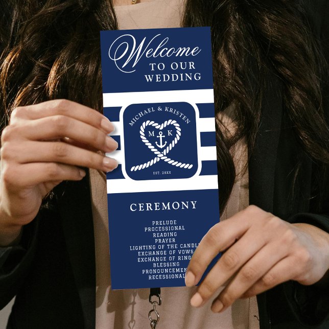 Programme Mariage d'Ancre du coeur rayé bleu marine (Nautical Blue Striped Heart Anchor Wedding Program
)