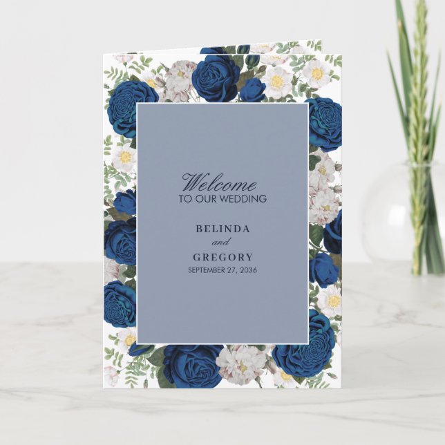 Programme Mariage d'aquarelle bleu floral Ordre de service (Devant)
