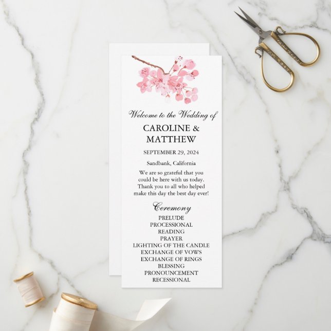 Programme Mariage d'aquarelle rose fleurs cerise (Devant/Arrière en situation)