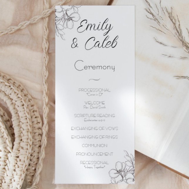 Programme Mariage d'art de la ligne de cadre florale noire e (black and white flowers drawn script writing wedding ceremony program)