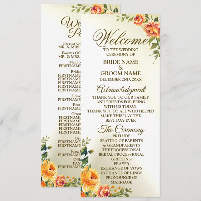 Programme Mariage de bienvenue Orange Jaune Rouge Floral Ver (Devant / Derrière)