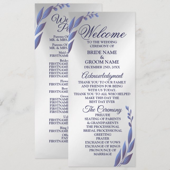 Programme Mariage de bienvenue Purple Bleu Floral Argent Mod (Devant / Derrière)