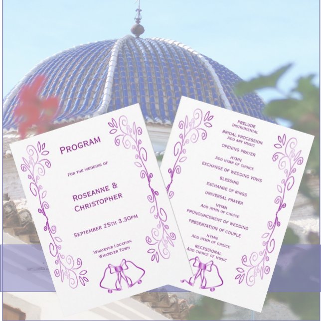Programme Mariage de conception de défilement de cloches vio (Purple wedding church program bells and scrollwork design)