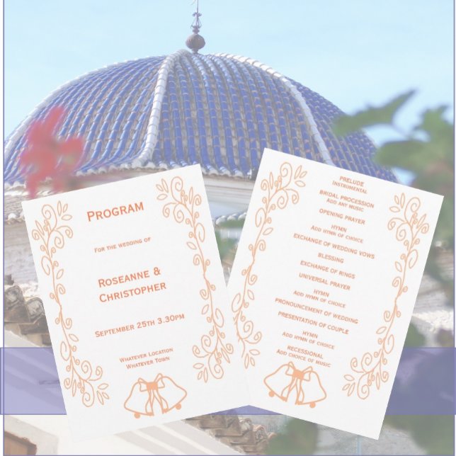 Programme Mariage de conception de défilement des cloches (Peach wedding church program bells and scrollwork design)