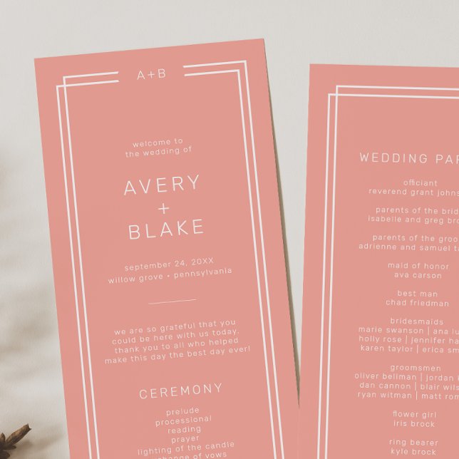 Programme Mariage de corail doux AVERTISSEMENT Peach Minimal (AVERY Minimal Blush Peach Soft Coral Wedding Program)