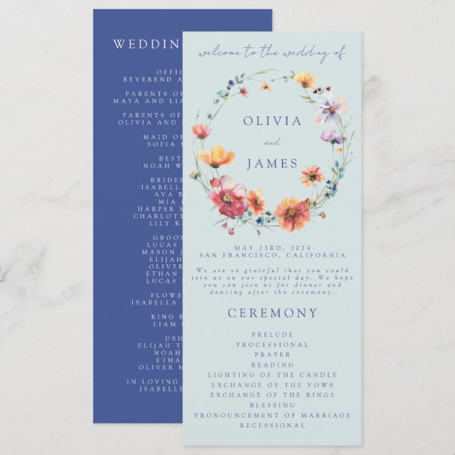 Programme Mariage de courroie Fleur sauvage d'aquarelle bleu (Devant / Derrière)