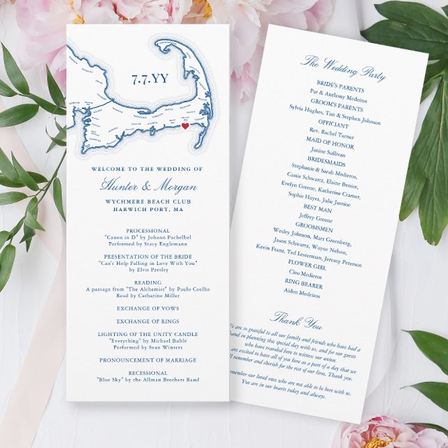 Programme Mariage de destination de la Marine du Cap de Wych (Wychmere Beach Club Wedding Program with Harwich Port MA Cape Cod Map in elegant navy blue )