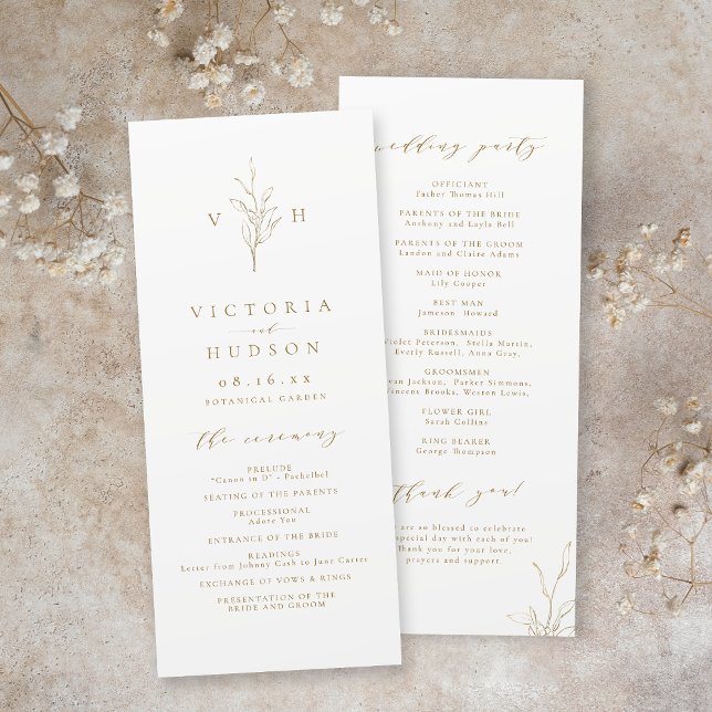 Programme Mariage de monogramme botanique simple or (Gold simple elegant botanical monogram wedding program)
