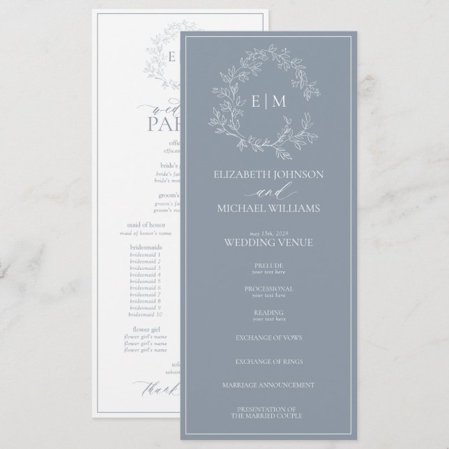 Programme Mariage de monogramme moderne Dusty Blue Leafy Cre (Devant / Derrière)