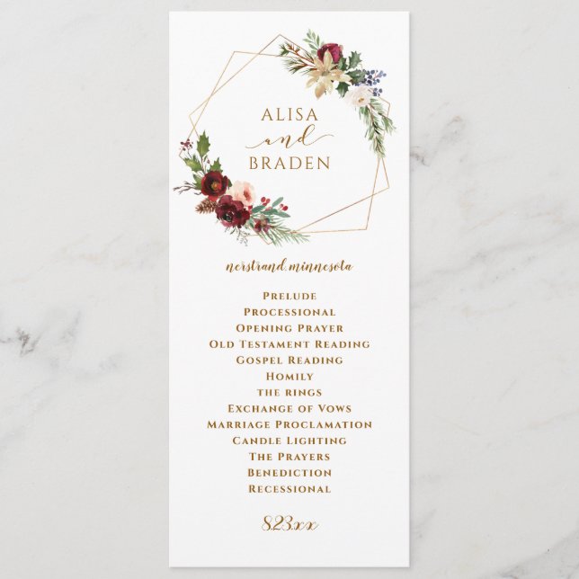 Programme Mariage de Noël d'hiver Bourgogne Aquarelle Boho (Devant)